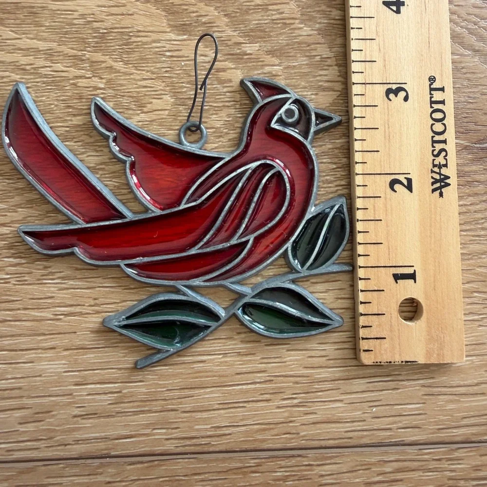 Vintage Red Cardinal Stained Glass Suncatcher Bird Window Hanging Ornament 4